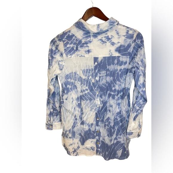SOFT SURROUNDINGS Blue/White Tie Dye Seika Button Collared Blouse Sz XSmall EUC - Picture 6 of 10